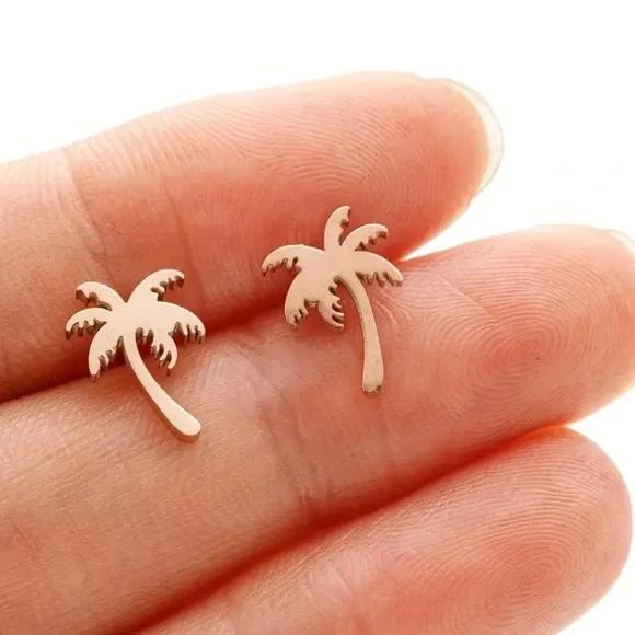 Palm Tree Rose Gold Toned Stud Earrings - Picture 1 of 1